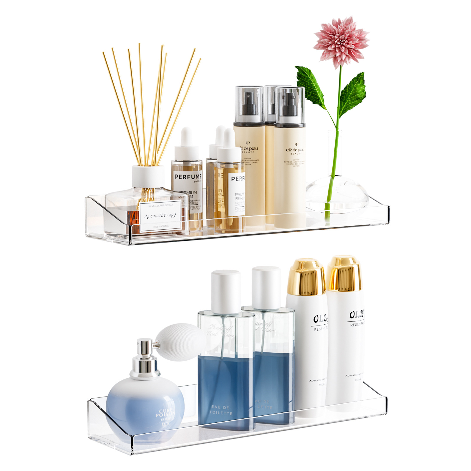 Estante de pared transparente en forma de U con borde inclinado y separador para almacenamiento y exhibición de condimentos en el baño. image 5