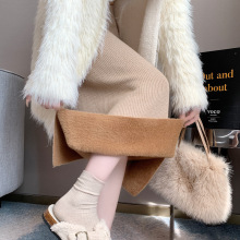 实拍加绒加厚针织包臀裙女秋冬小个子直筒开叉纯色百搭a字半身裙