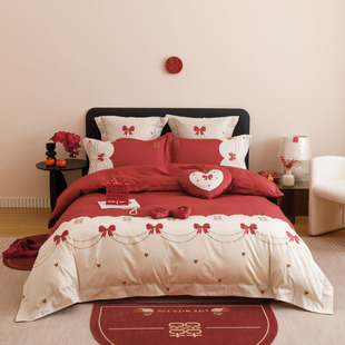 Category a Princess Style Wedding Festive Pure Cotton Bedding Four-Piece Set of Fitted Bed Sheetss Wedding New House Red Cotton Embroidered Bed Sheetss