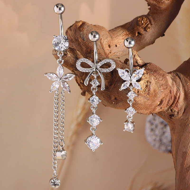 5-Piece Set Stainless Steel Belly Button Rings with Bowknot and Zircon Inlay Fashion Navel Jewelry detail image 5