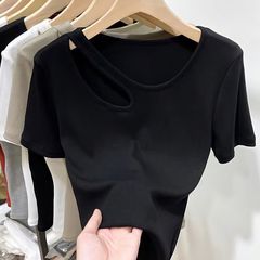 中空Tシャツ半袖レディース2025夏新スタイルスリムフィットお腹カバー細心の注意を払って西洋スタイルの万能トップイントレンド