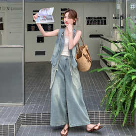 2026夏装新款蕾丝拼接牛仔马甲套装女式休闲阔腿牛仔裤子两件套
