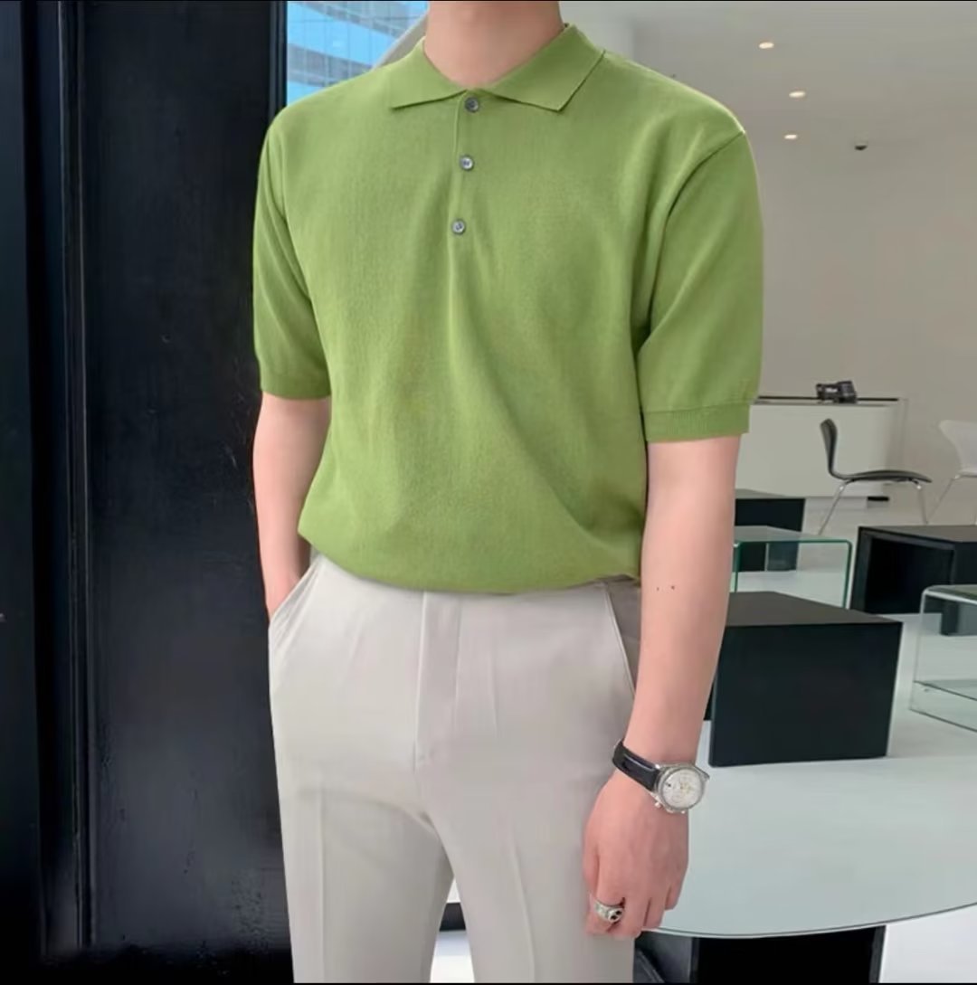 Nueva Camiseta de manga corta de seda de hielo a rayas casual ropa superior de los hombres delgados simples suéter de moda