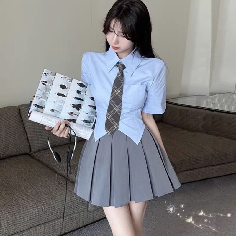 Pure desire jk waist shirt short sleeve top summer pleated skirt hot girl blue short college style jk uniform suit