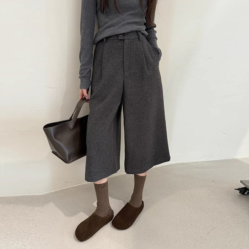 Woolen Cropped Wide-Leg Pants for Women, Autumn and Winter Petite Loose Straight Pants, High-Waisted Cropped Casual Suit Pants