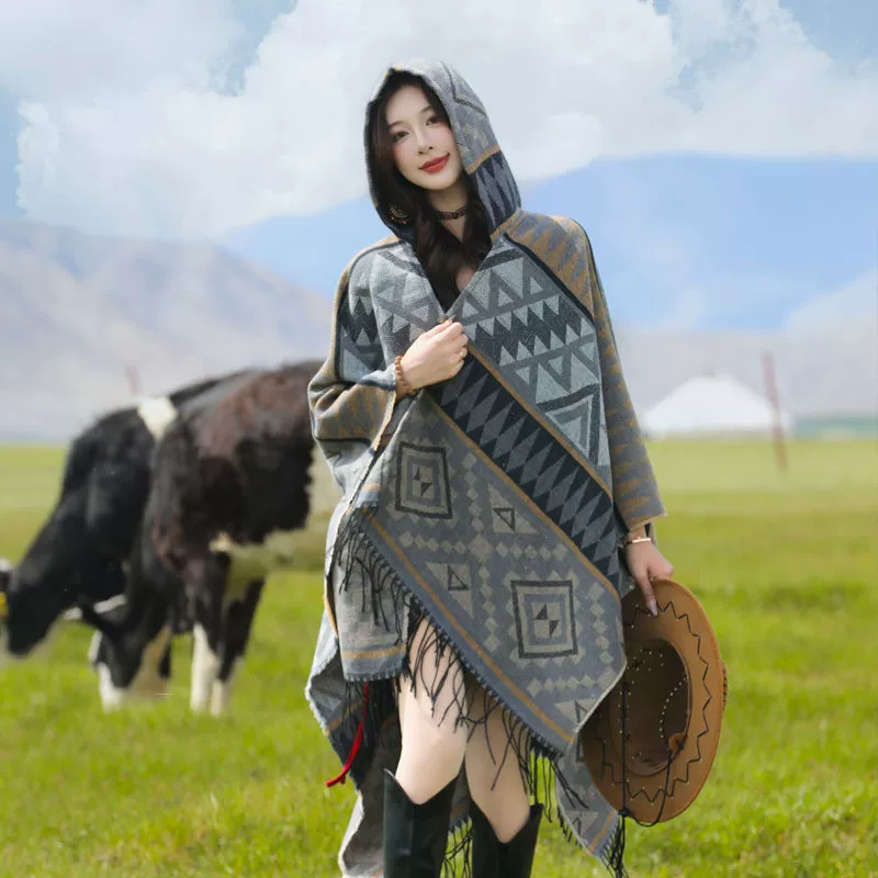 Demi-season trench coat, keep warm cloak, scarf for photo sessions, boho style, increased thickness