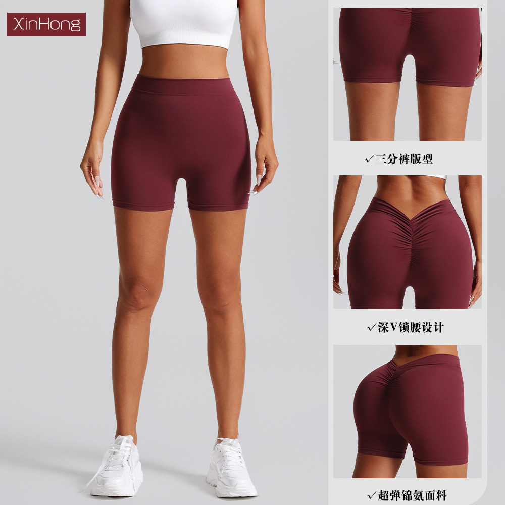 Transfronterizo abrasivo V cintura pliegue de color sólido mel桃 camisa pantalones cortos deportivos para correr fitness tight panty para mujeres