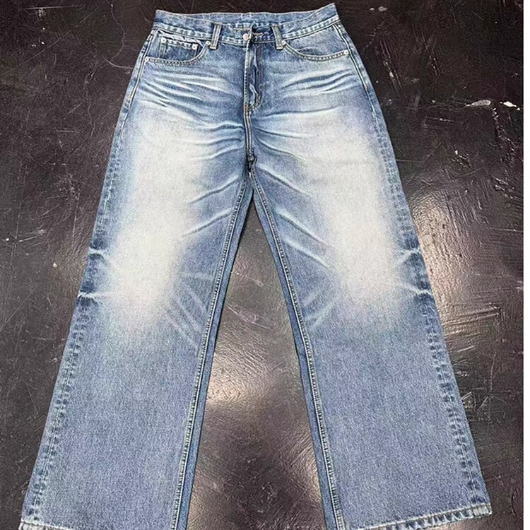 Qingggnewdecay Xtbr Joint 02 Combat Cow Snow Pattern Light Blue Washed Distressed Straight Jeans