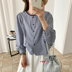 女洋气条纹衬衫花边显瘦时尚百搭宽松圆领休闲通勤长袖衬衣A7033