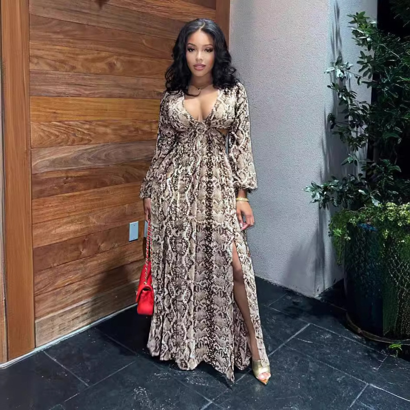 2021 autumn new European and American women's fashion sexy hollow elegant beach dress python pattern split dress 2021 autumn new European and American women's fashion sexy hollow elegant beach dress python pattern split dress