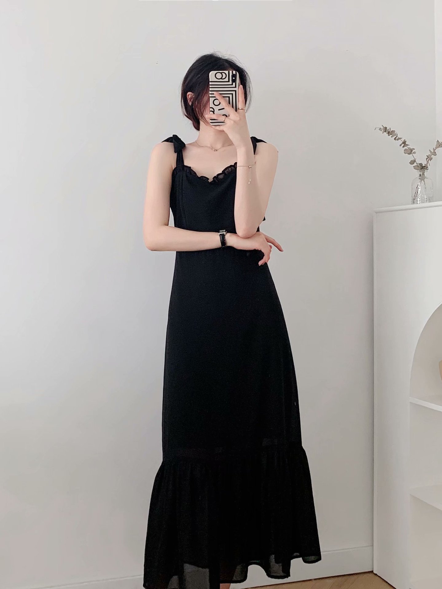 black shoulder strap mid-length sling dress nihaostyles clothing wholesale NSAM72104