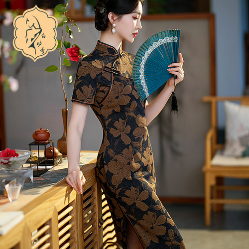 Retro Chinese Dress oriental Qipao Cheongsam for women temperament of restoring ancient ways of printing split of cultivate morality long collar short sleeve cheongsam