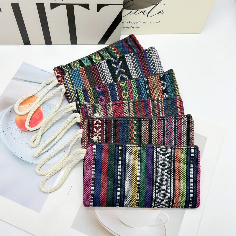 Retro Ethnic Style Mobile Phone Bag Ladies Coin Purse Wrist Bag Casual Hand Stripe Fabric Bag Manufacturer Wholesale