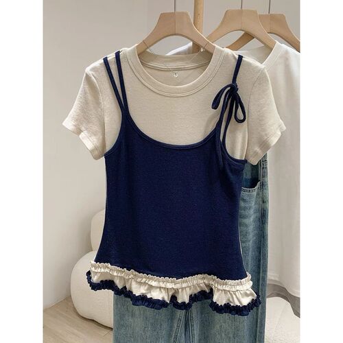 2025 Summer Navy Blue Oatmeal Color Round Neck False Two-Piece Color Block Short-Sleeve T-Shirt for Women, Fitted Top, Trendy