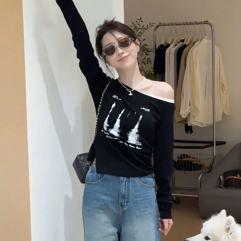 大码胖mm早秋新款时尚百搭斜肩印花假两件上衣修身显瘦长袖T恤女|undefined
