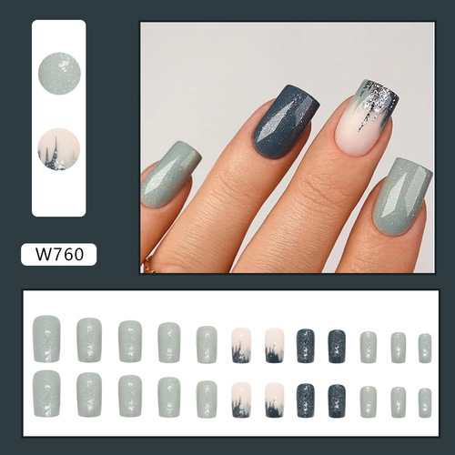 Simple and stylish long false nails with sparkling powder, fashionable and versatile, sparkly nail art wearable false nails, wholesale finished product