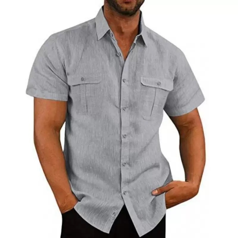 Transfronterizo Europa y América Amazon 26 camisa de verano de hombre de manga corta bolsas de color sólido Cardigan camisa de lino con solapa suelta