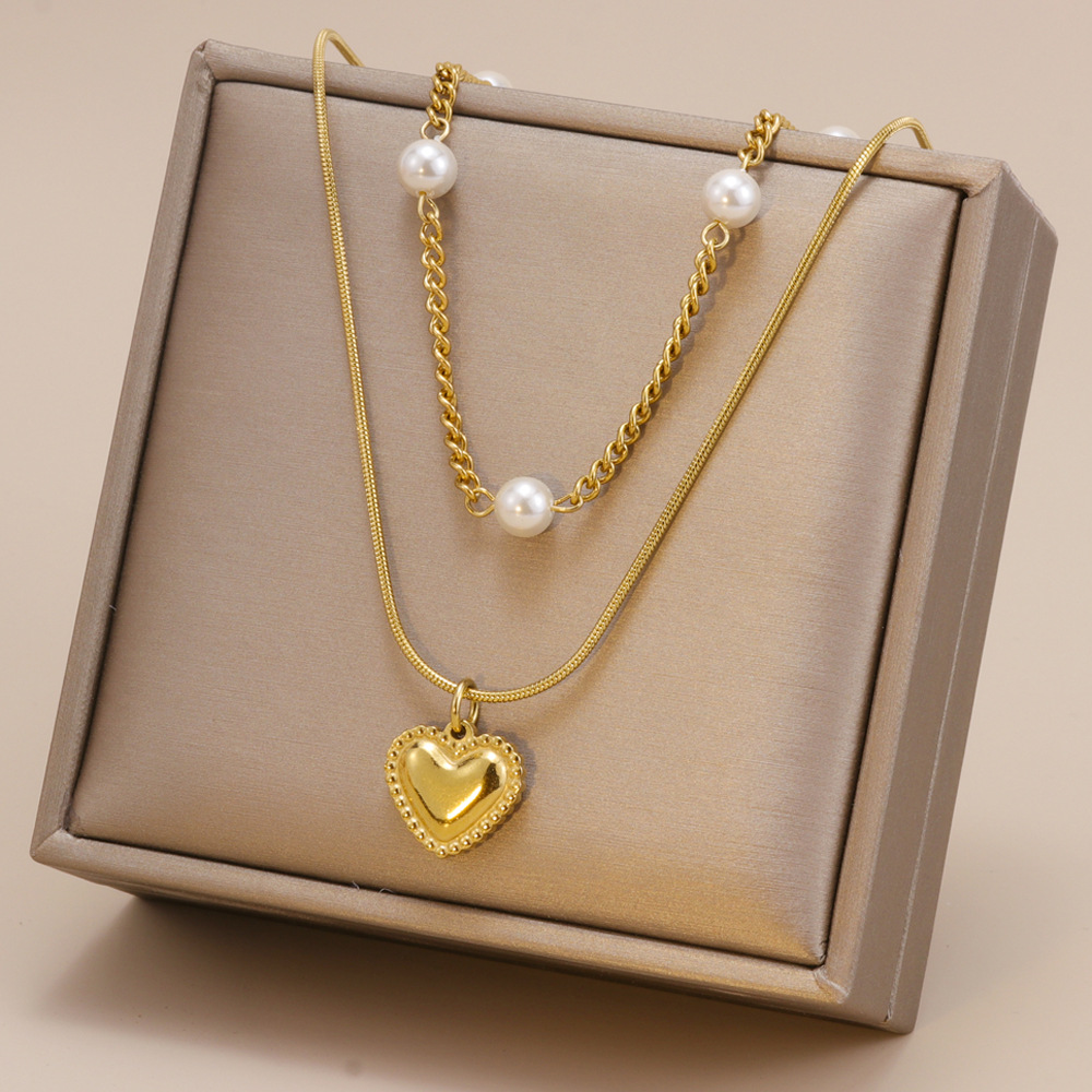 Retro Heart Shape Titanium Steel Plating Layered Necklaces 1 Piece