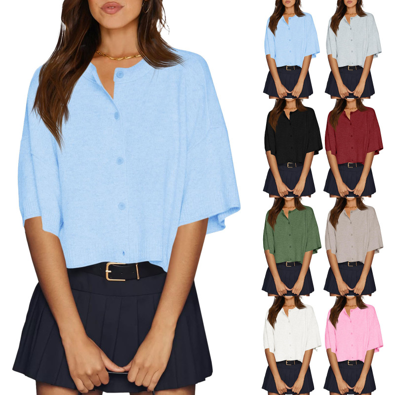 Cross-Border Foreign Trade Women's Half-Sleeved Cardigan Sweater Short Button Amazon Hot Top Oversized Lightweight Ribbed Knit