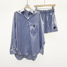 m 2023夏季新款女装 法式气质长袖蓝白色条纹衬衫上衣 0443