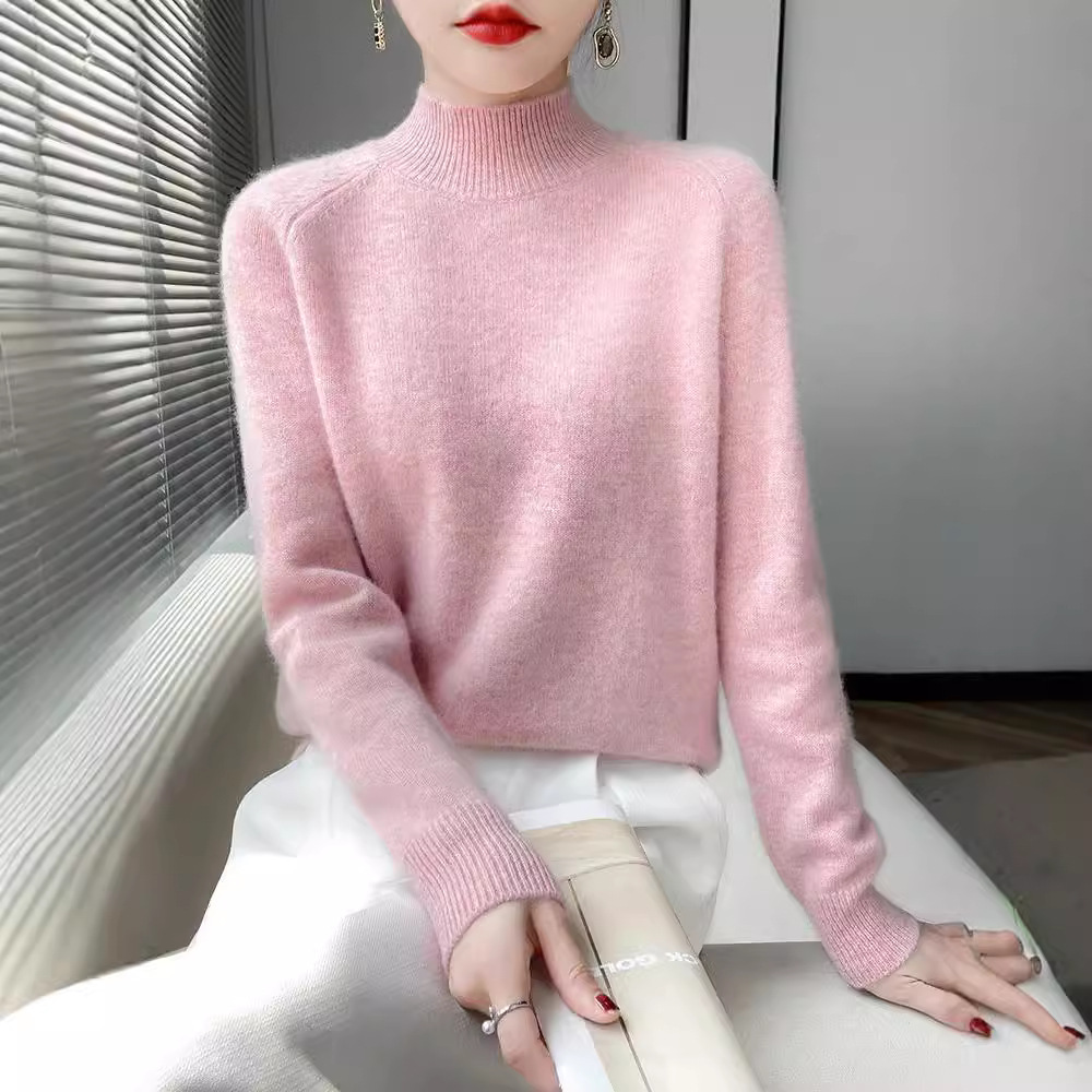 【 Cashmere Family 】 Half high neck short woolen base women's soft and loose, thick knit sweater, inner layer_voghion.com