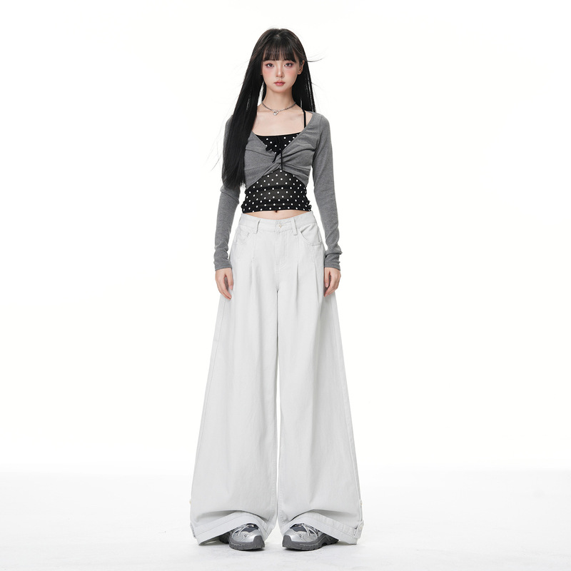 Yechuan # Lazy Style Gray-White Silhouette Scimitar Jeans for Women Winter New Pear-Shaped Slimming Wide-Leg Pants