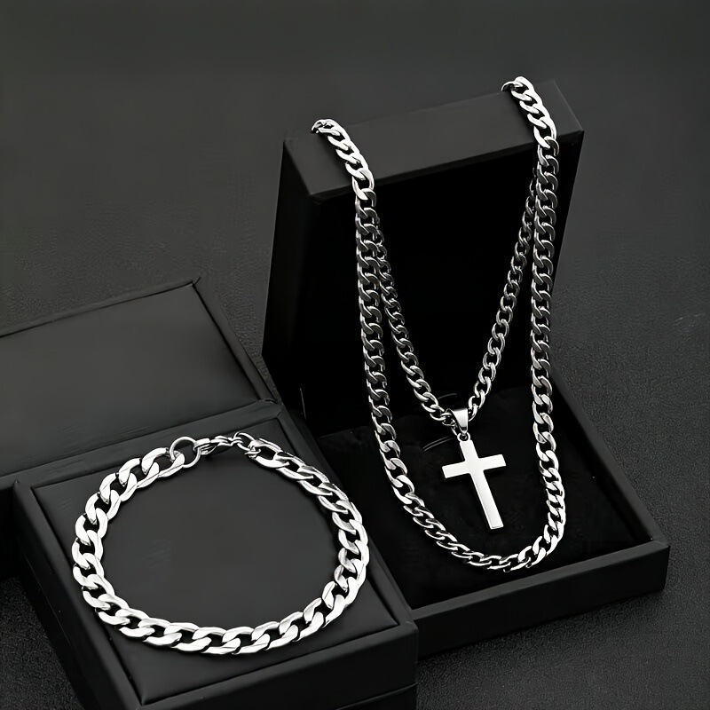 6mm Wide Stainless Steel Cross Cuban Necklace Men's Cuban Chain Bracelet Set Hip-Hop Trendy Versatile Brand 6mm Wide Stainless Steel Cross Cuban Necklace Men's Cuban Chain Bracelet Set Hip-Hop Trendy Versatile Brand