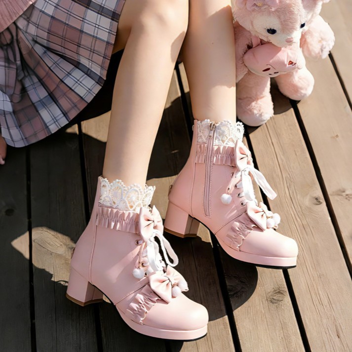 2025 Autumn and Winter New Lolita Short Boots for Girls Cute Flower Bow Lace Mesh Martin Boots 5837