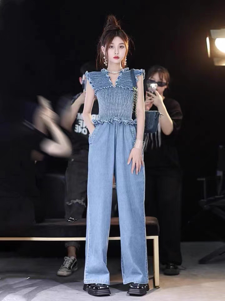 Bộ jumpsuit denim mùa hè FL222347 dành cho nữ, phong cách nhẹ nhàng sang trọng, tôn dáng, kiểu dáng mới thời trang — Màu xanh lam chi tiết 5