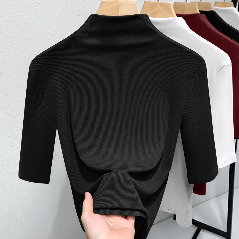Half-High Collar Ribbed T-Shirt, Early Autumn New Stylish Slim-Fit Modal Base Shirt with Mid-Sleeves for Women