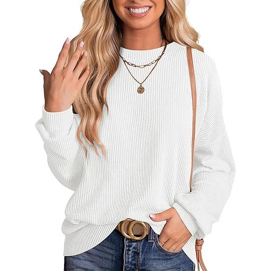 Anrabess Women's Oversized Long Sleeve Shirt Ribbed Knit Waist-Tie Top with Side Slits Autumn Korean Casual Style