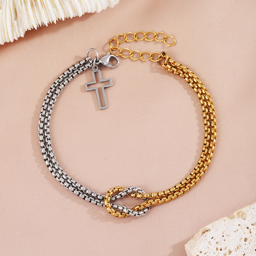 Eurasian new stainless steel gold square bead cross double chain bracelet for men and women, wholesale jewelry
