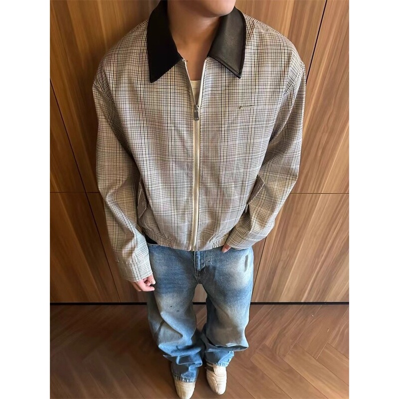 American Retro Houndstooth Lapel Harrington Jacket Men's Cleanfit Casual Versatile Short Cardigan Jacket