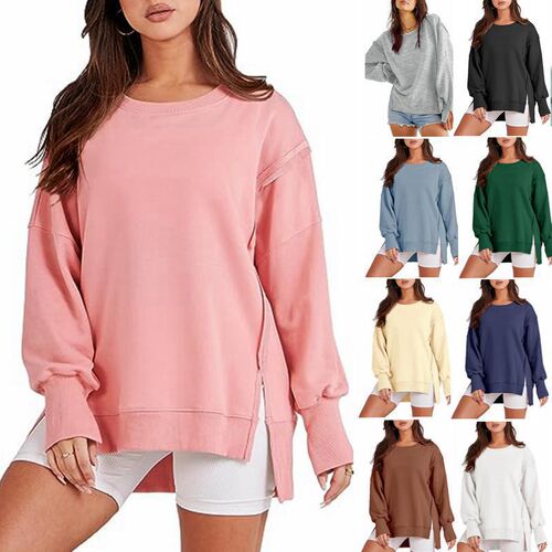 Amazon 2025 European and American Foreign Trade Cross-Border Women's Fashion Best Selling Short Front Long Back Side Slit Round Neck Casual Loose