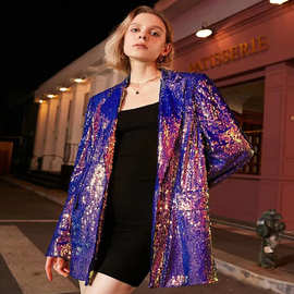 女士多色丝绒亮片变色休闲西装外套长袖长款气质通勤修身多色西服