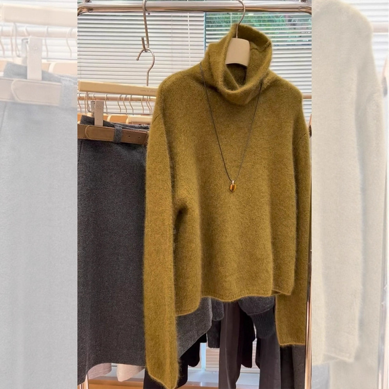 Mustard Yellow Turtleneck Raccoon Fur Pullover Long-Sleeved Sweater for Women in Autumn and Winter, Loose and Lazy Style, Inner Layer Knitted Top