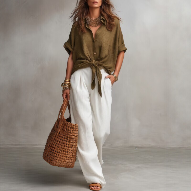 2026 European and American Style Linen Shirt and Wide-Leg Pants Two-Piece Set Summer Casual Loose Color-Blocking Fashion Outfit