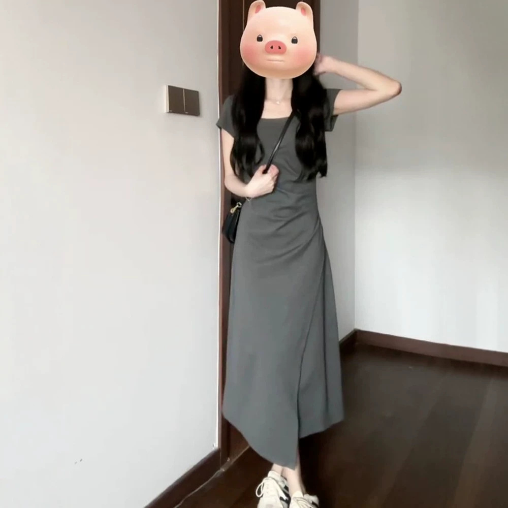 Đầm suông nữ midi màu xám trơn phong cách Pháp — đen chi tiết 2