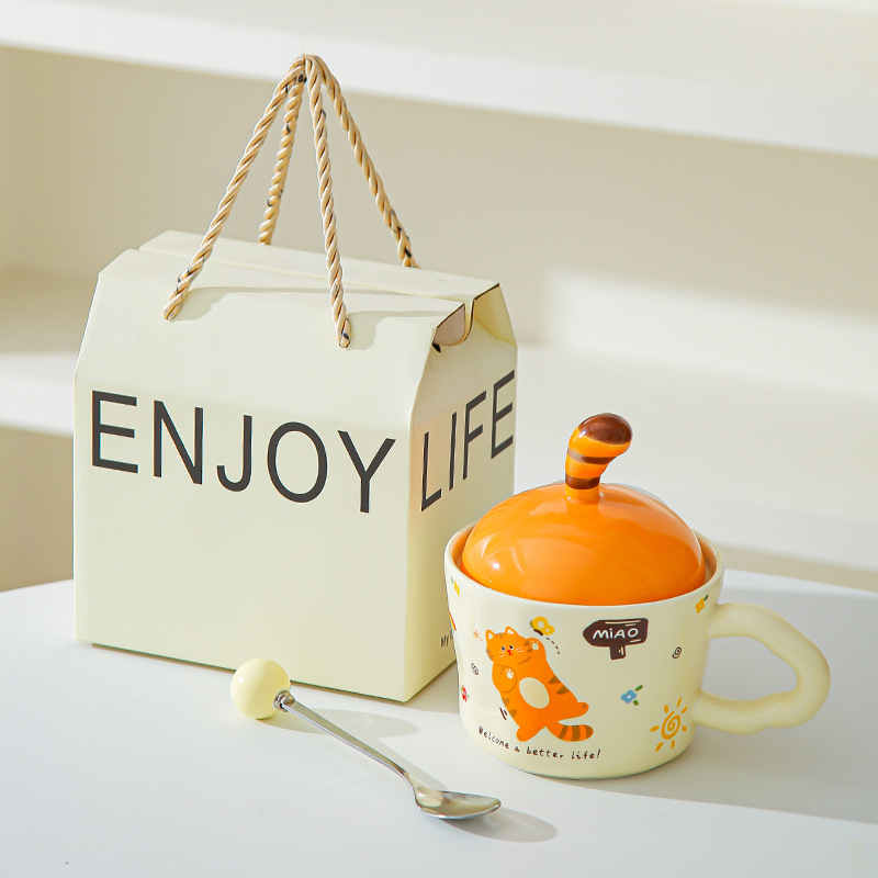 Divertido gato de dibujos animados tazas con cubierta de oficina adorable ins tazas de cerámica tazas de regalo creativas personales
