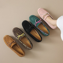 英伦风豆豆鞋2024秋新款平底圆头蝴蝶结乐福鞋拼色真皮深口单鞋女