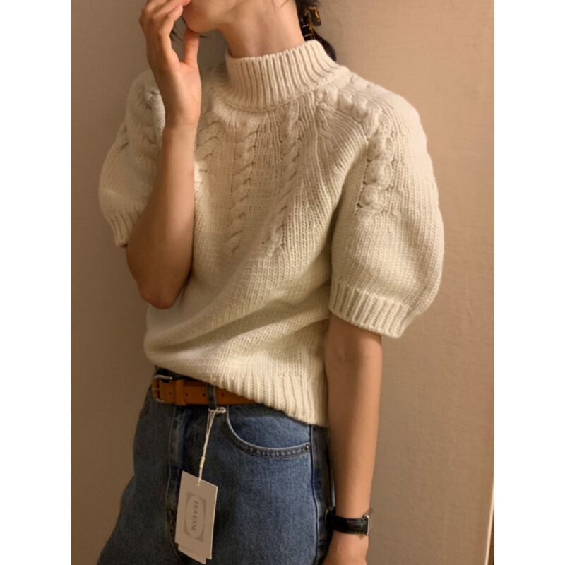 Dongdaemun Women's Tall Ins Elegant Retro Collar Bubble Sleeve Twist Short Sleeve Sweater Knitted
