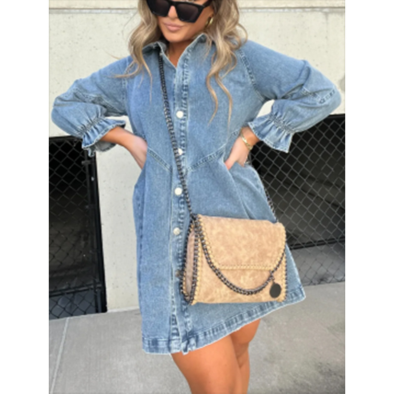 2023 New Hot-Selling European and American Cross-Border Washed Shirt Denim Skirt Lantern Sleeve Loose Dress for Women