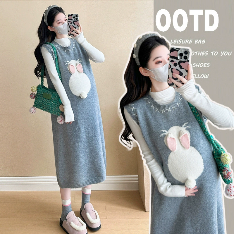 Платье для беременных 2024 осень-зима новая корейская версия сладкого и уменьшенное возрастное трехмерное кролик тонкая юбка с нижней рубашкой