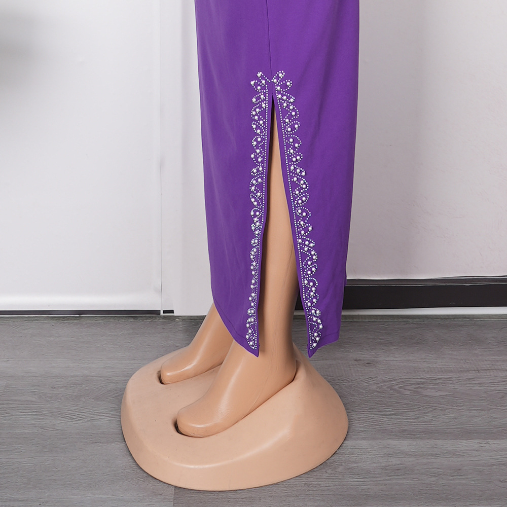 Robe longue moulante élégante ornée de strass et de manches cape - Mode africaine grande taille pour femmes, idéale pour le travail et les soirées_voghion.com