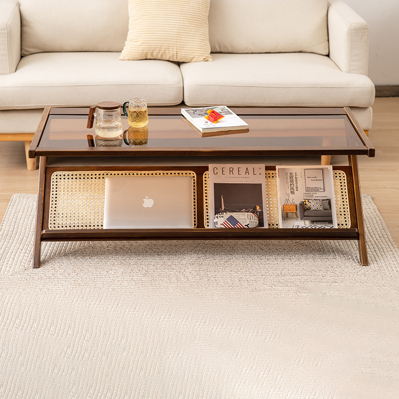 Mesa de café sala de estar casa pequeño apartamento retro color Internet celebridad mesa de vidrio de ratán rectangular japonés simple mesa de té