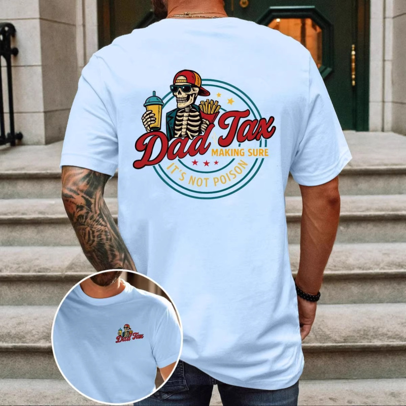 Specially Designed for Men, This T-Shirt Features a Pure Cotton Double-Sided Skull Fast-Food Print, European Size, Loose Fit, Short Sleeves, and a Quirky Father's Day Design