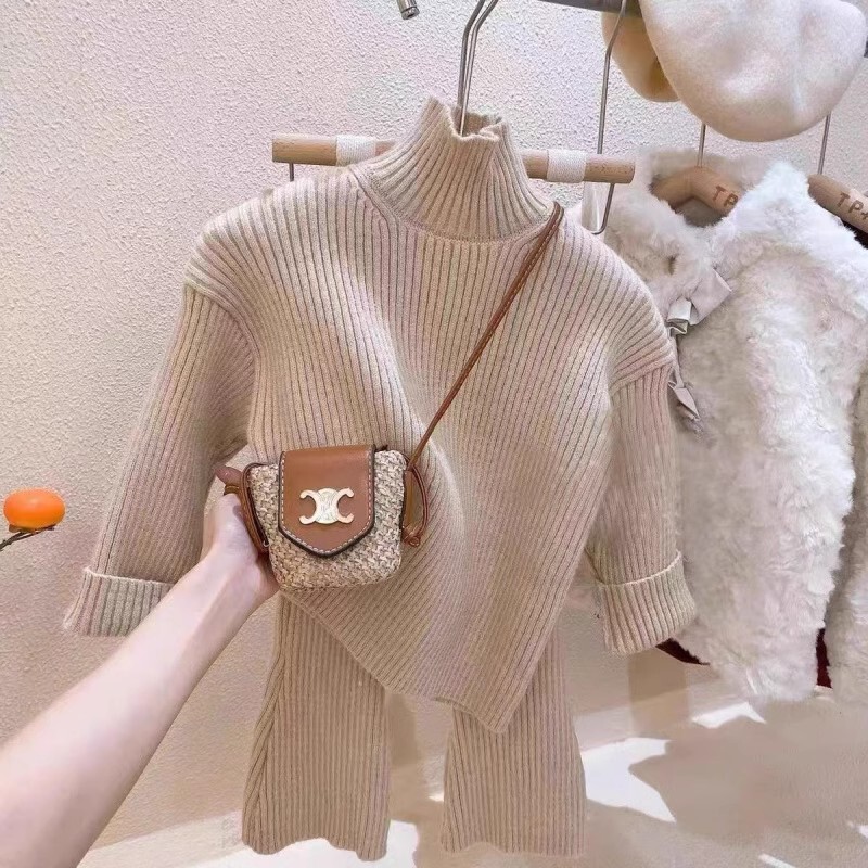 Children's Clothing 2025 Autumn and Winter Girls' Solid Color Sweater Base Shirt Flared Pants Set Baby Casual Ribbed Two-Piece Set Trendy Children's Clothing 2025 Autumn and Winter Girls' Solid Color Sweater Base Shirt Flared Pants Set Baby Casual Ribbed Two-Piece Set Trendy
