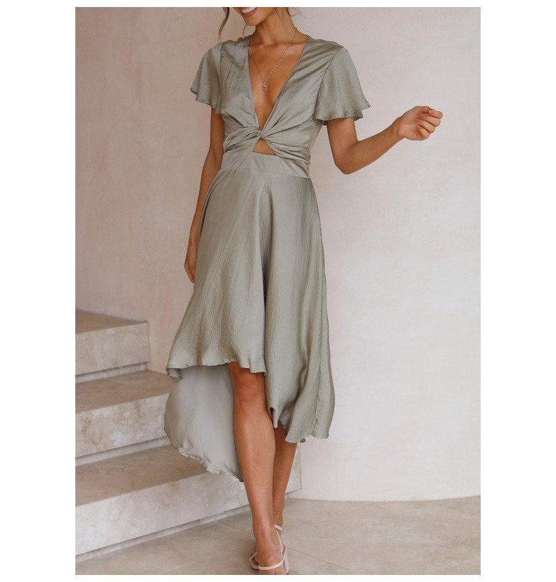  solid color short-sleeved hollow V-neck irregular hem dress NSHM128189