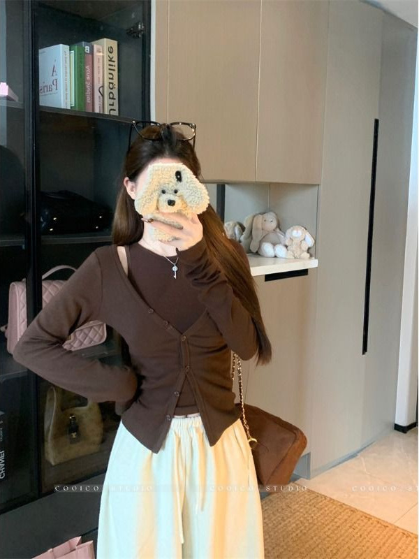 修身显瘦背心开衫两件套装女2025初秋季设计感长袖T恤打底衫上衣|undefined
