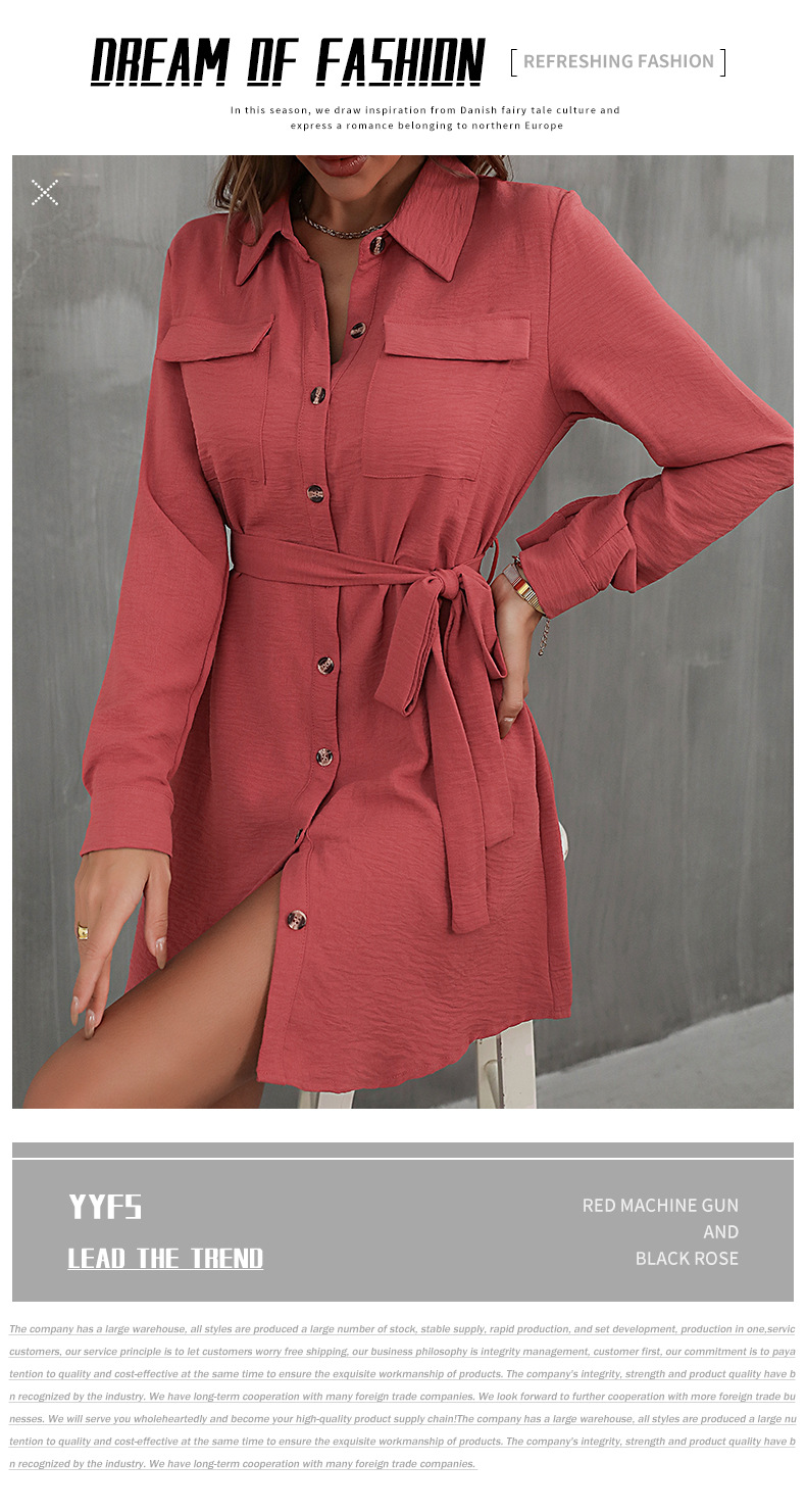 Rochie cămașă dama cu cordon în talie și guler pentru toamnă_voghion.com